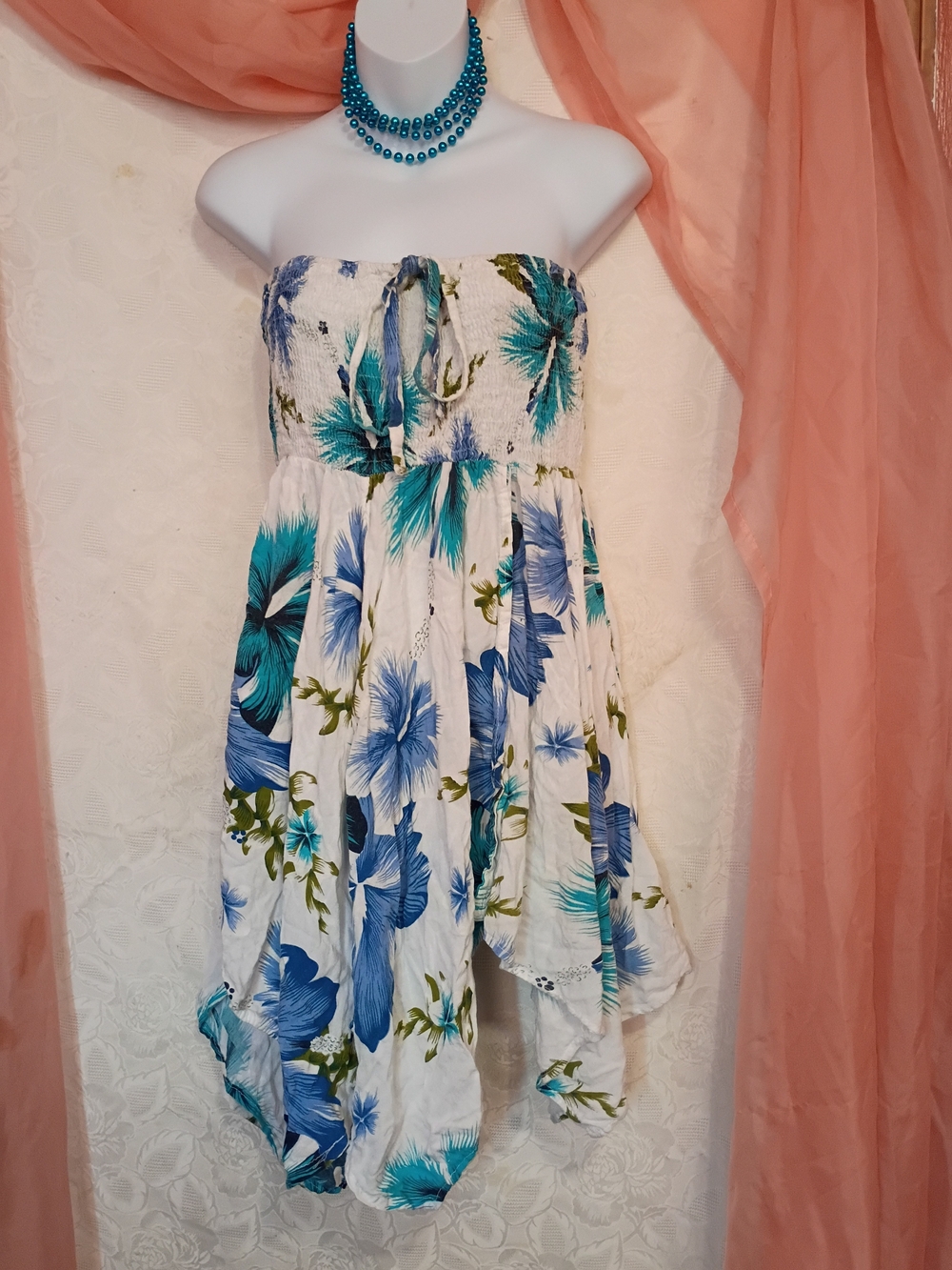 India Boutique LaWhite Floral High-Low Dress with Blue & Teal Blooms Sz OS